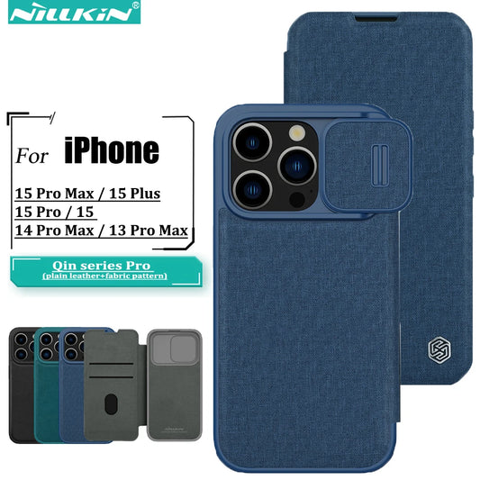 Pro Leather Case for iPhone 15 Pro Max, Plain Leather / Cloth Lens Cover with Card Slot Back Cover for 13 14 Plus