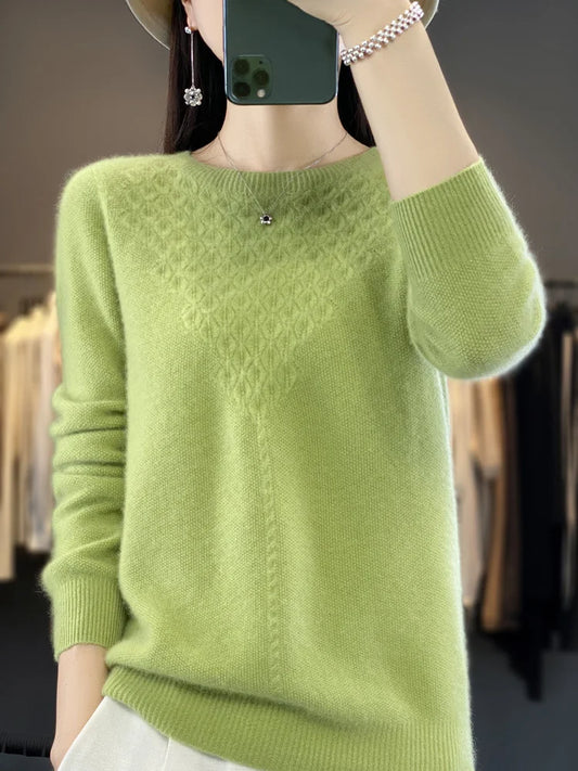 Spring Autumn 100% Merino Wool Women Pullover O-neck