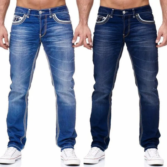 Men Jeans Solid Pockets Stretch Denim Straight Pants
