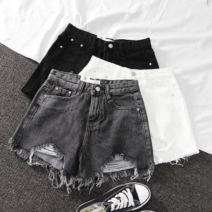 Korean Fashion Summer Shorts Hole High Waist Short Jeans Burrs