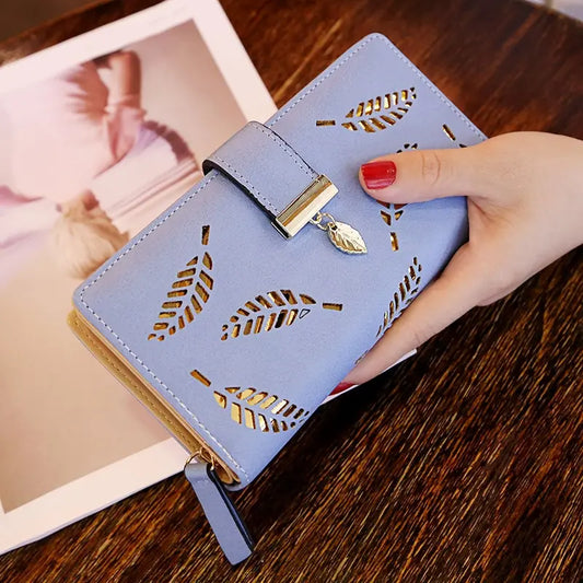 Long Wallet Gold Hollow Leaves Pouch Handbag For Women